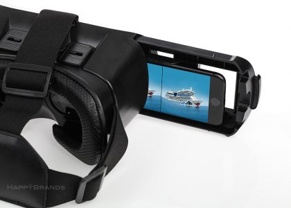 Inserted smartphone in slot holder of mobile phone glasses as customer gift
