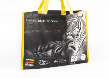 Borsa shopping promozionale riciclata in RPET stampata con motivo pubblicitario
