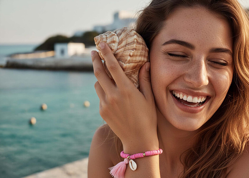 Heishi Perlenarmband mit personalisiertem Logo-Anhänger als individuelles Werbegeschenk oder Merchandise-Armband