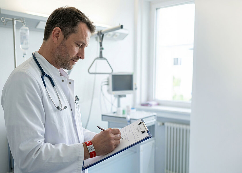 Rotes flexibles Wendearmband mit QR-Code und individuellem Druck als Promoarmband für Kampagnen