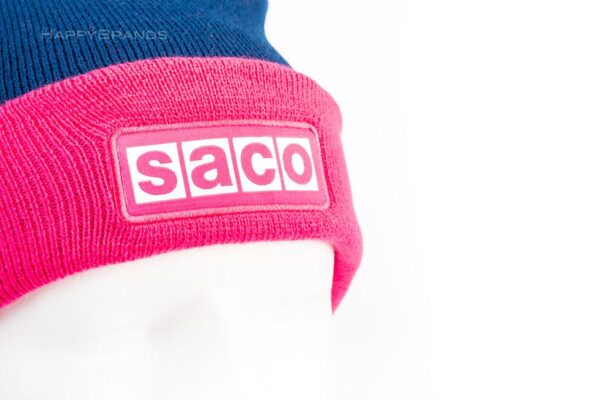 RPET bobble hat with woven logo patch fabric label promotional gift