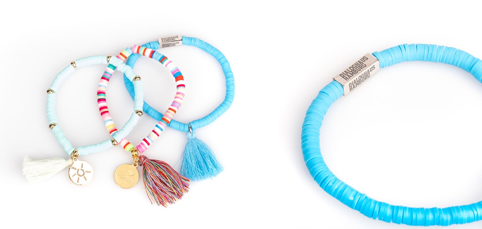 Armband Heishi skiva pärlor med logotyp berlock 1680x800